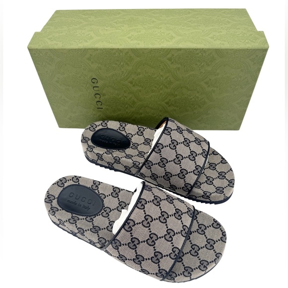Gucci New in Box GG Logo Canvas/ Leather Slides - Picture 1 of 14